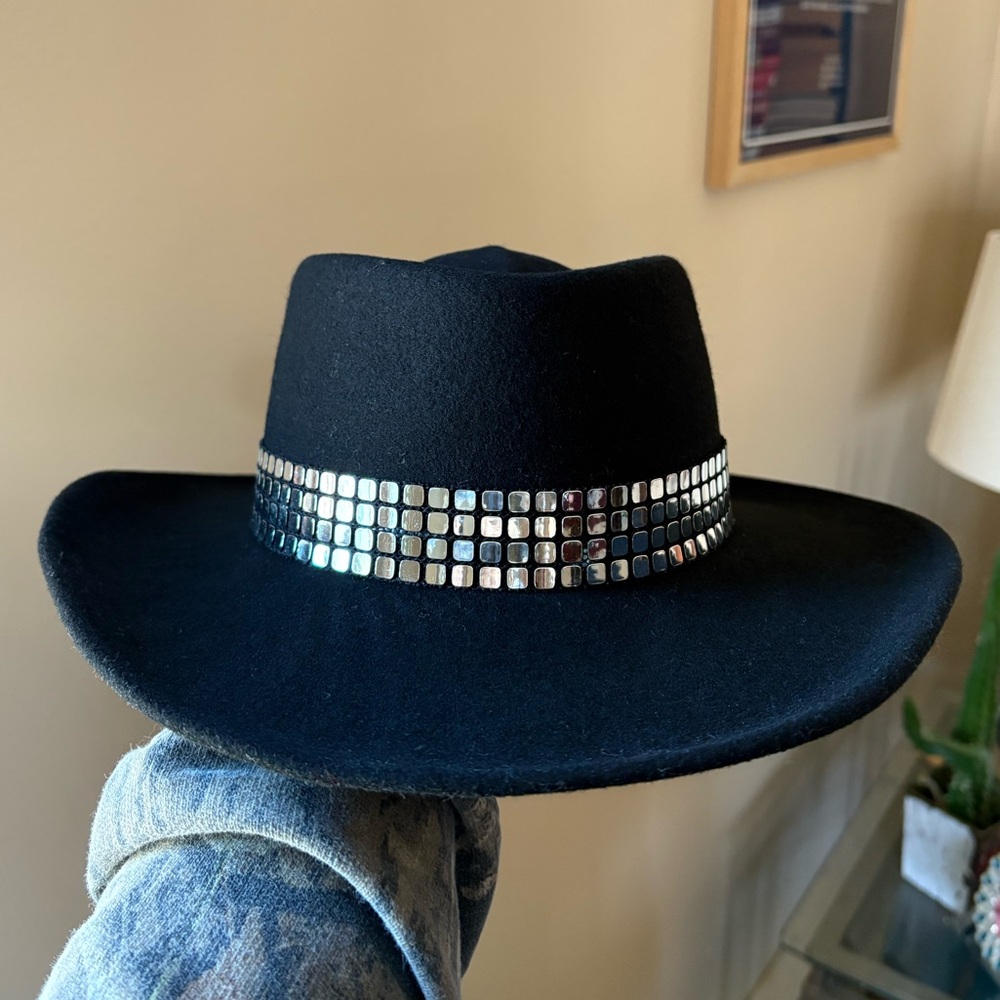 Vintage Bollman hat company black wool hat with mirror disco panel trim